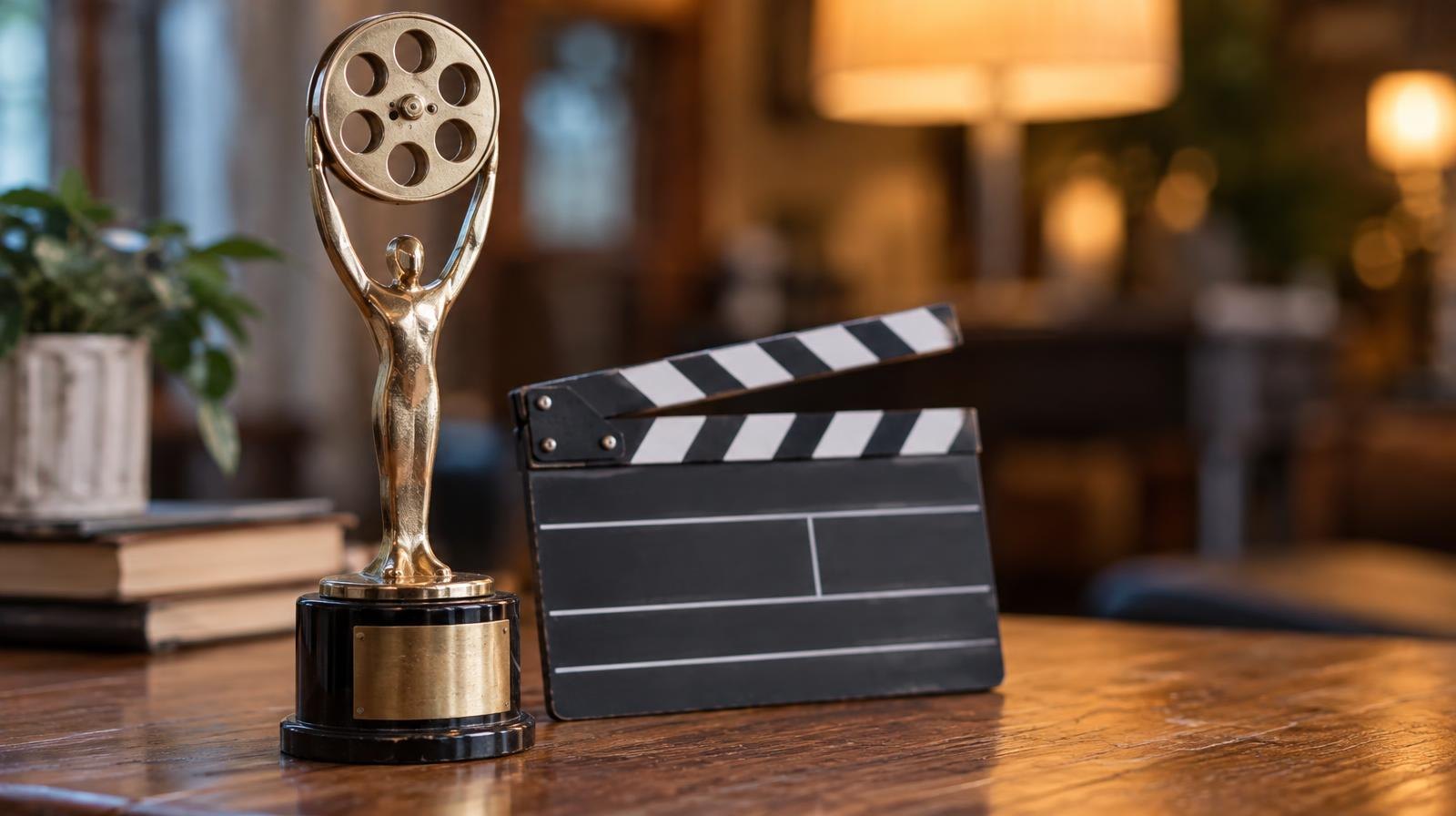 A small award trophy and clapperboard resting on a wooden surface.