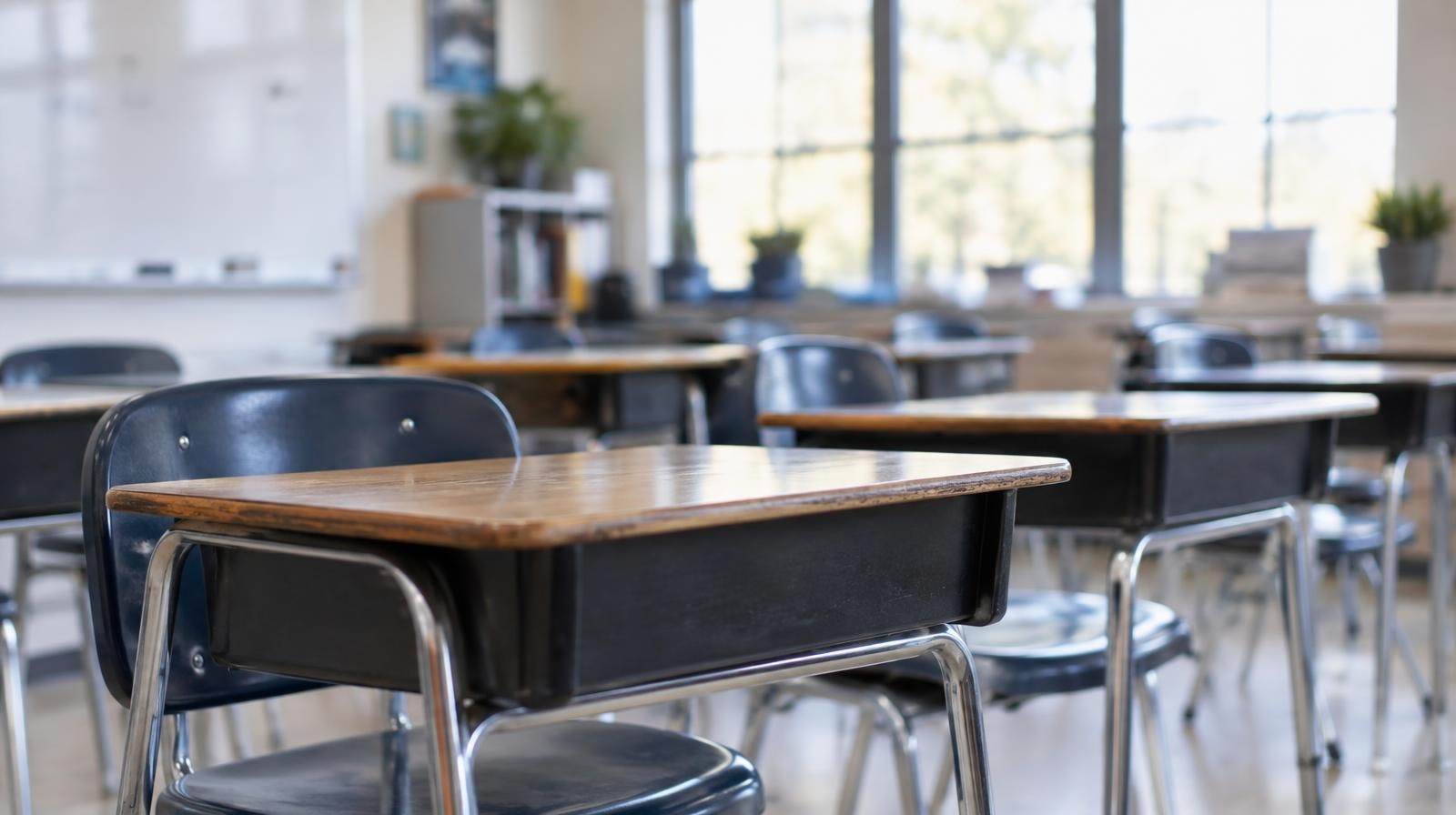 Rows of empty student desks in a bright classroom with large windows.