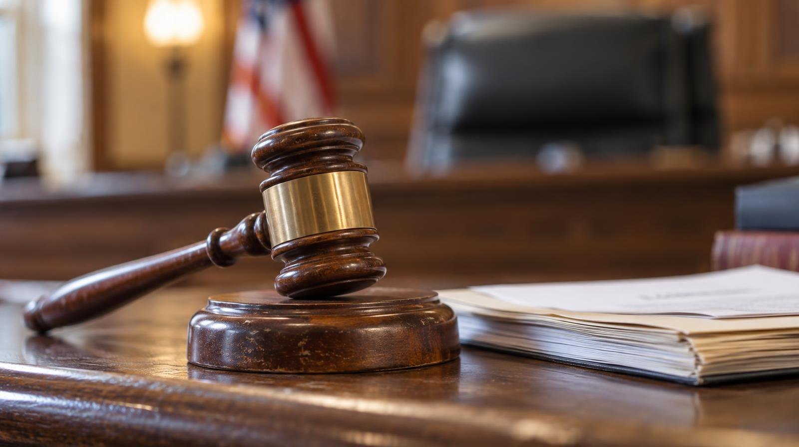 Wooden gavel resting on its sound block on a courtroom bench.