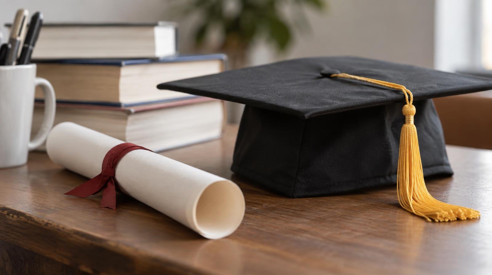 Graduation cap with tassel and diploma resting on a wooden desk beside stacked textbooks.