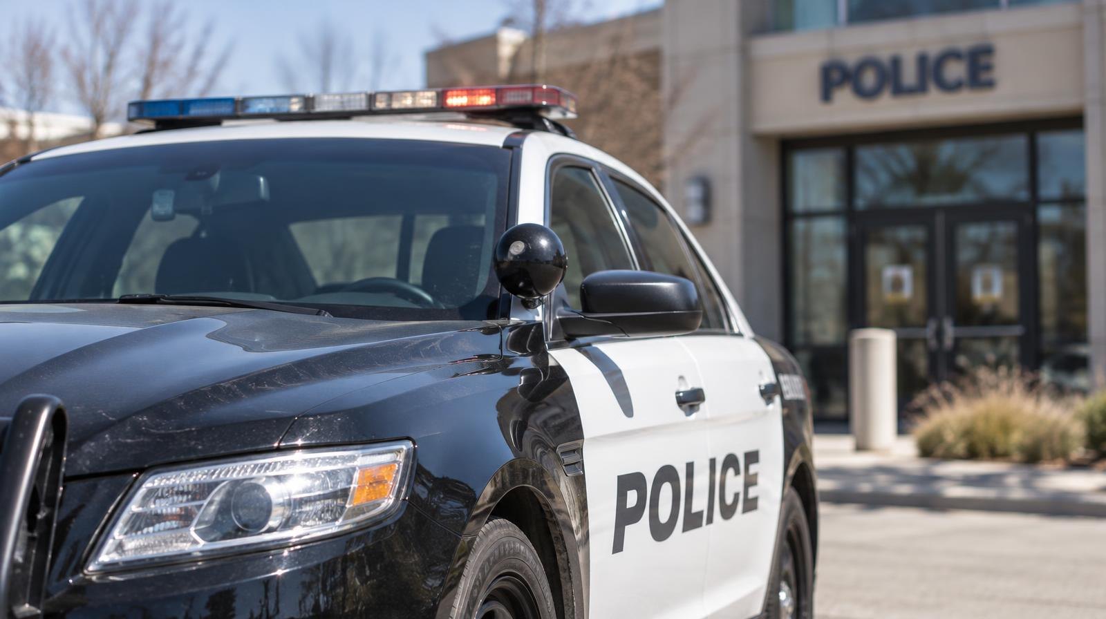 Marked police patrol car parked outside a suburban police department building.