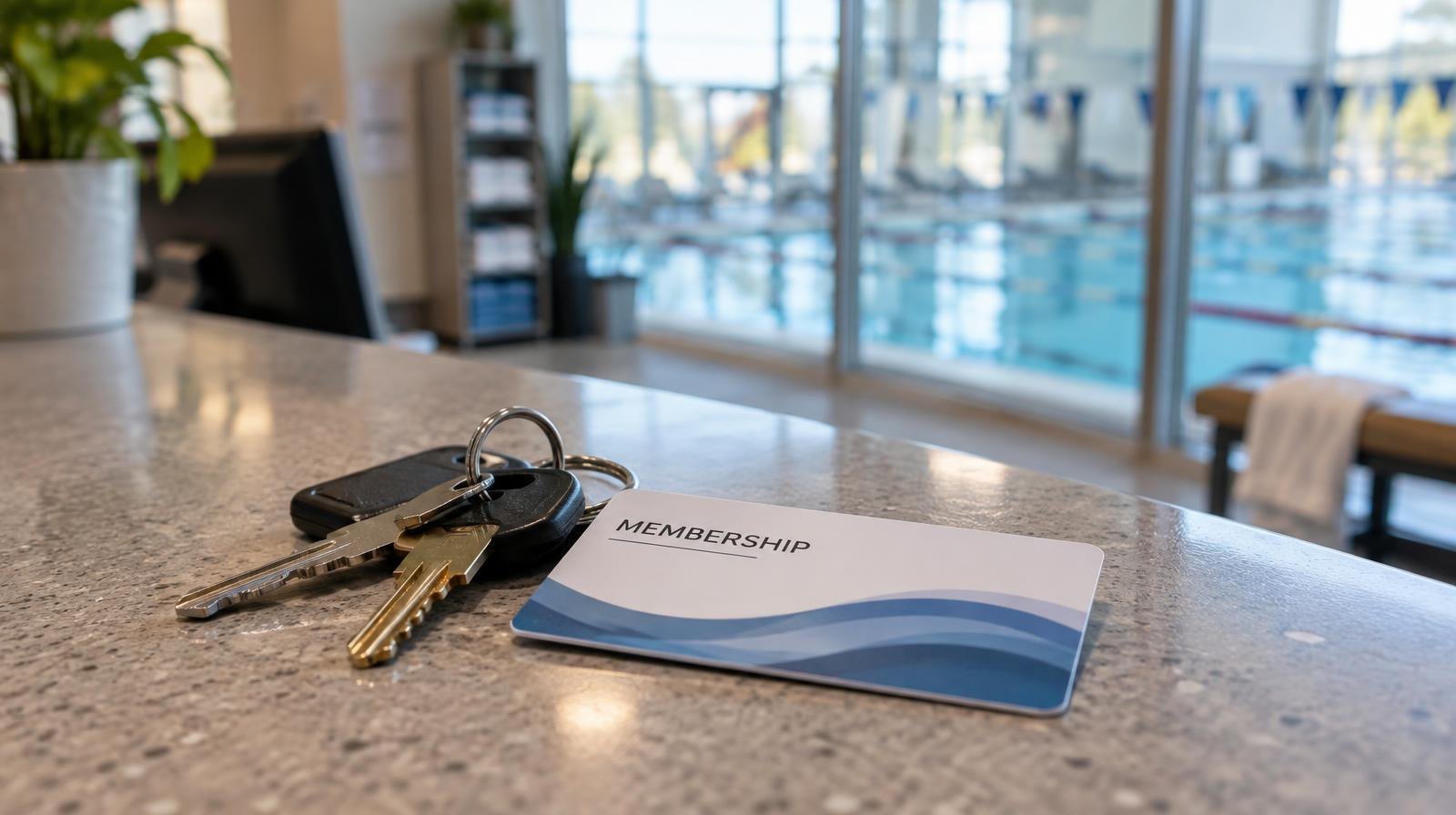 Membership card and keys on a recreation center front desk, pool visible behind glass.