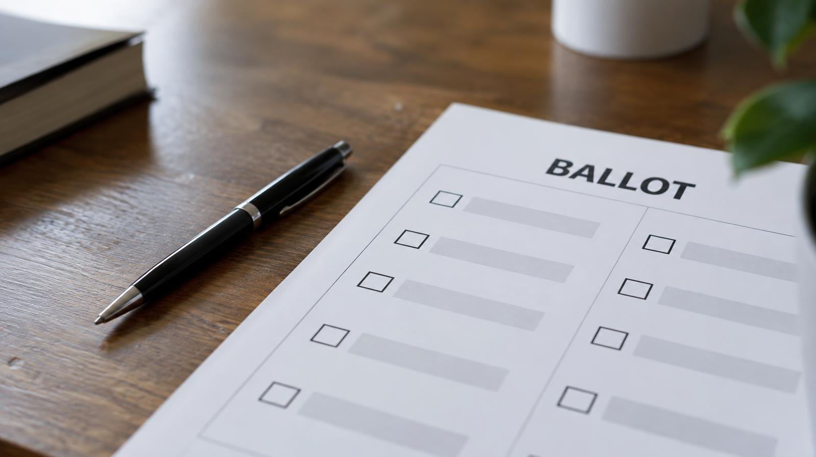 A blank election ballot on a flat surface next to a black ink pen.