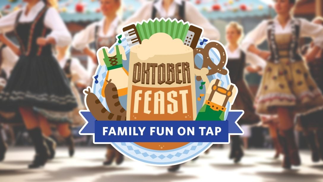 OktoberFEAST logo with a beer stein, pretzel, sausage and Bavarian dancers in the background.