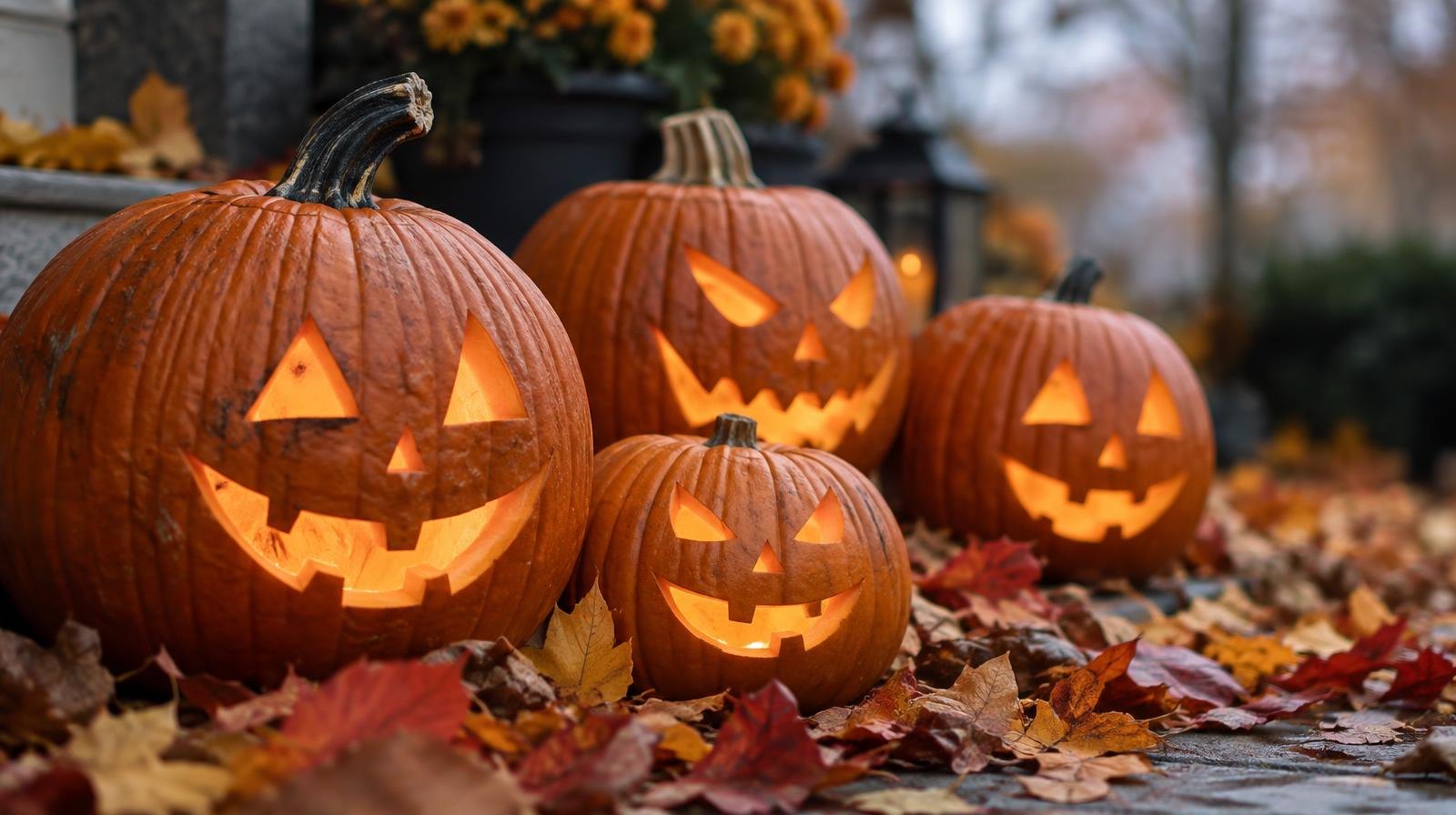 Several glowing carved pumpkins arranged on fallen autumn leaves outdoors.