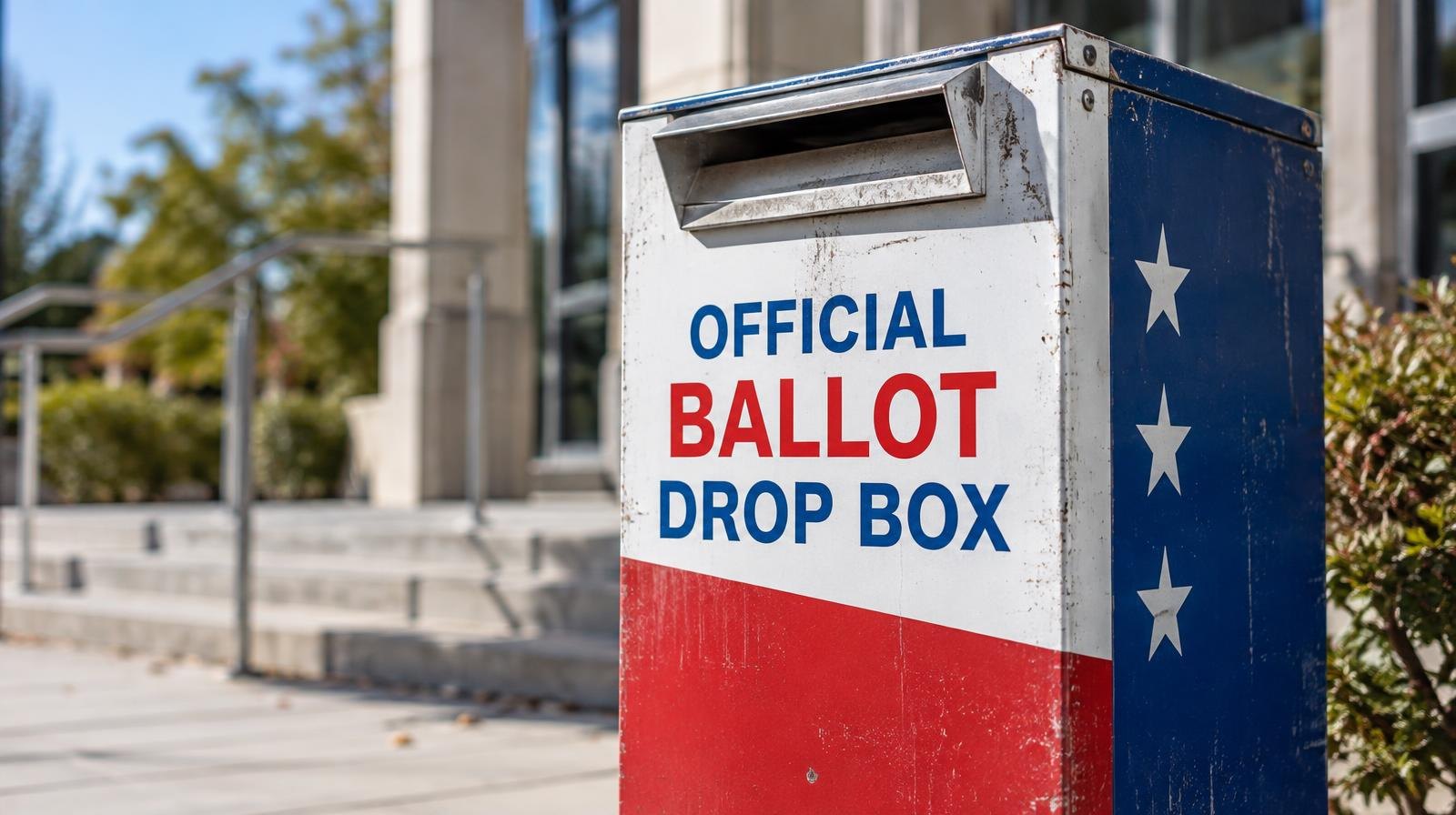 A red, white, and blue ballot drop box stands on a sidewalk outside a building.