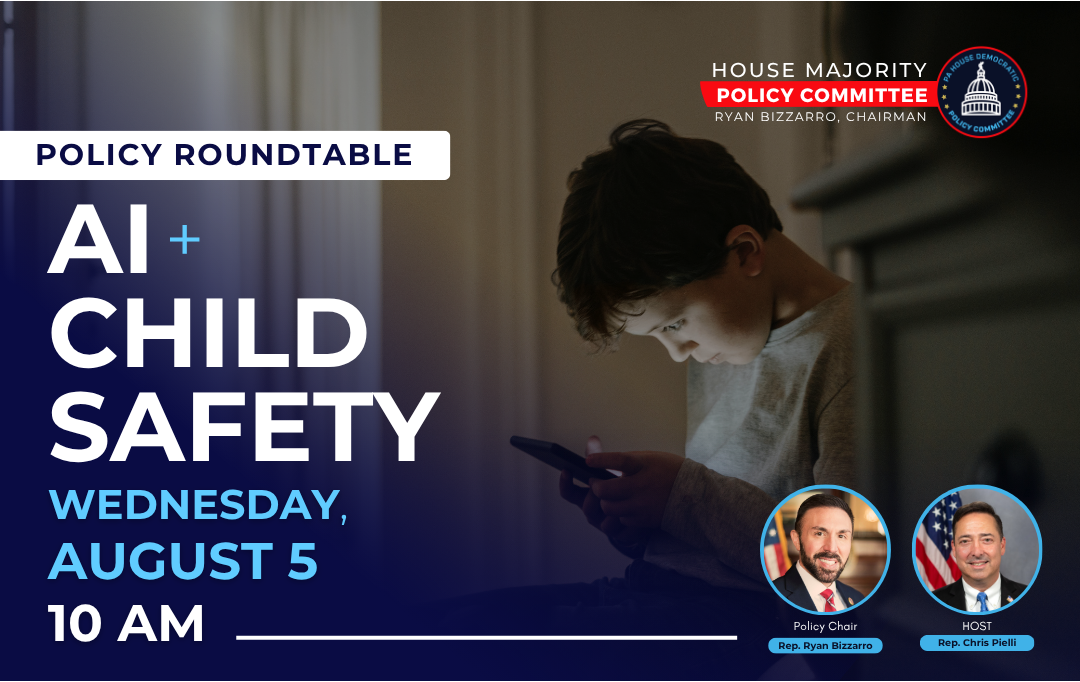 Flyer for an AI and child safety policy roundtable featuring a child illuminated by a smartphone screen.