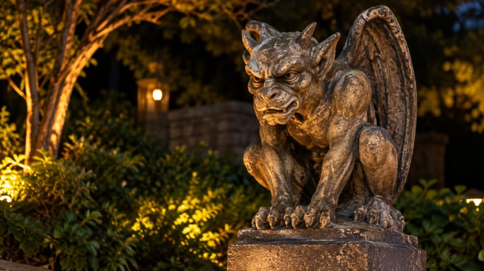 Stone gargoyle sculpture on a pedestal, lit by warm amber light at night.