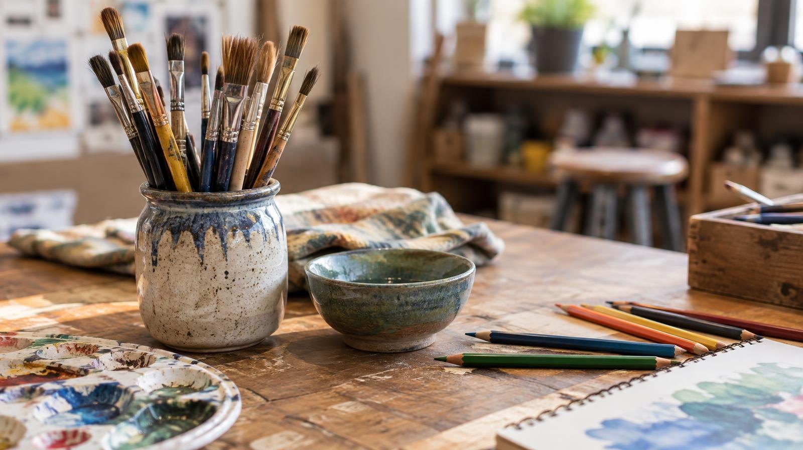 Paintbrushes, colored pencils, and a ceramic bowl on a wooden worktable.