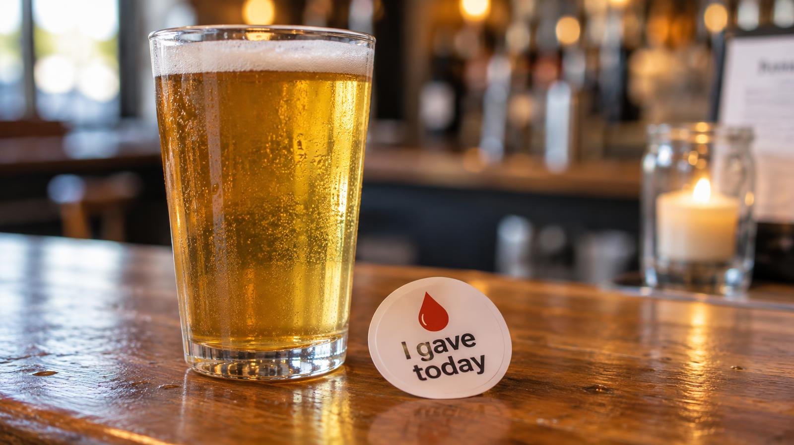 A pint glass of golden beer on a wooden bar beside a blood donation sticker.