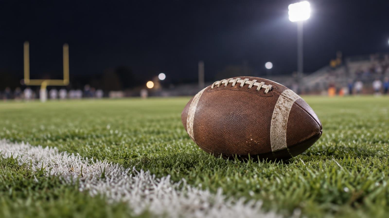 An American football resting on green grass beside a white yard line under stadium lights.