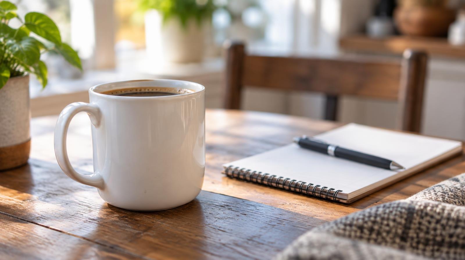 White ceramic coffee mug beside a notepad and pen on a wooden table.