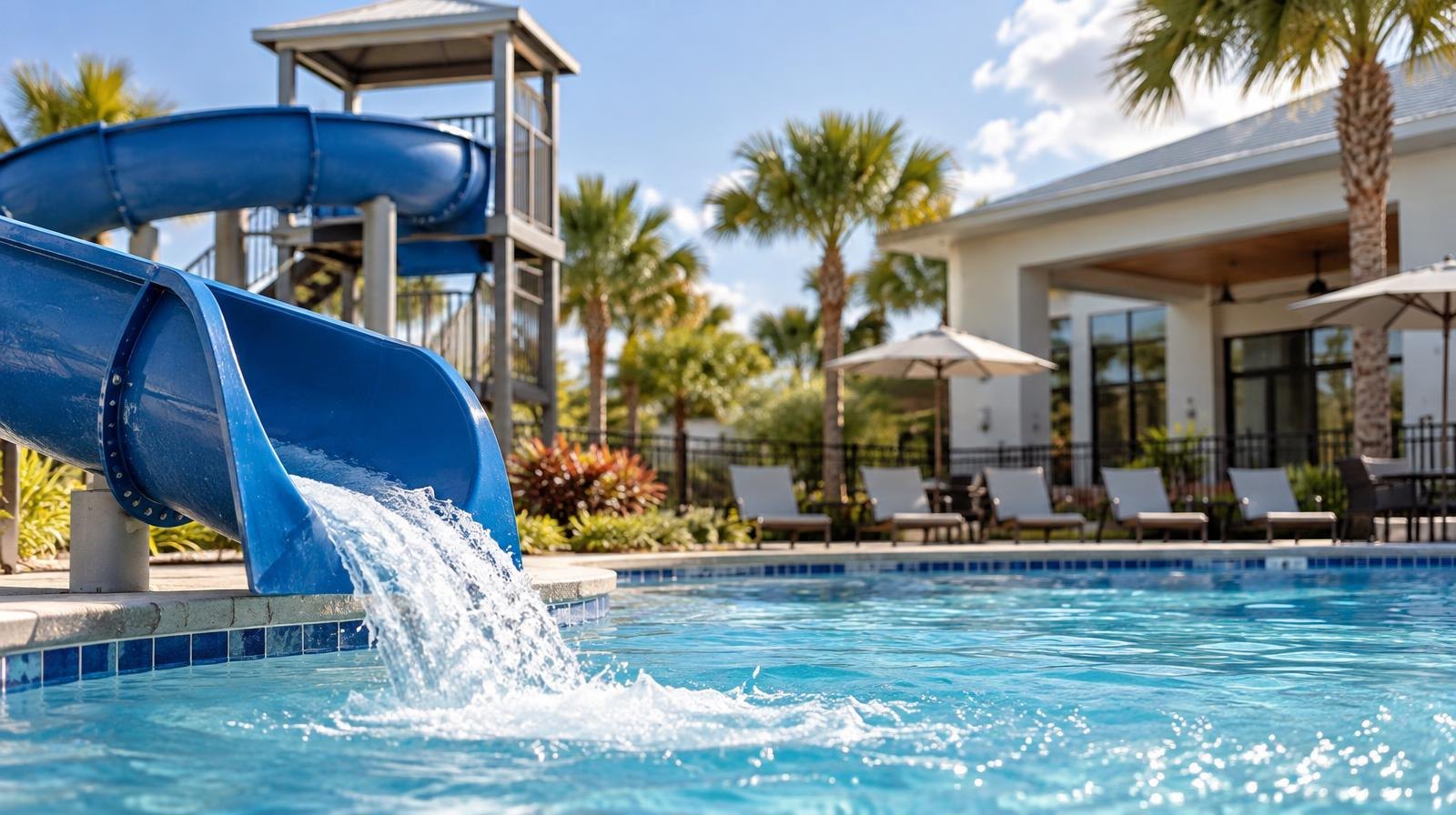 Outdoor resort-style pool with water slide tower and modern clubhouse building.