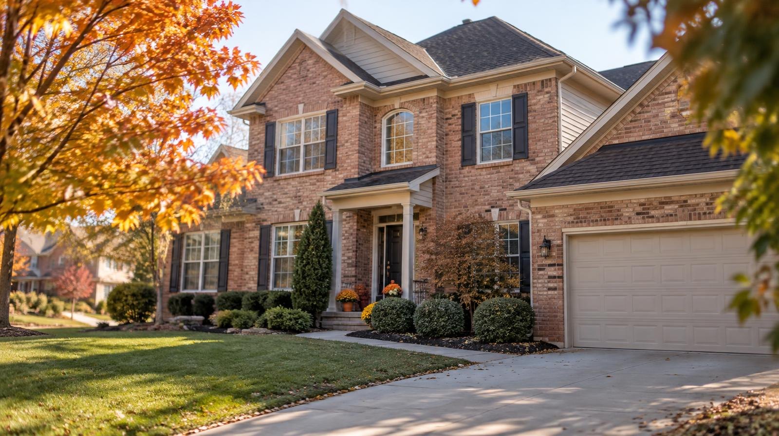 A two-story brick suburban house with a manicured lawn and attached garage.