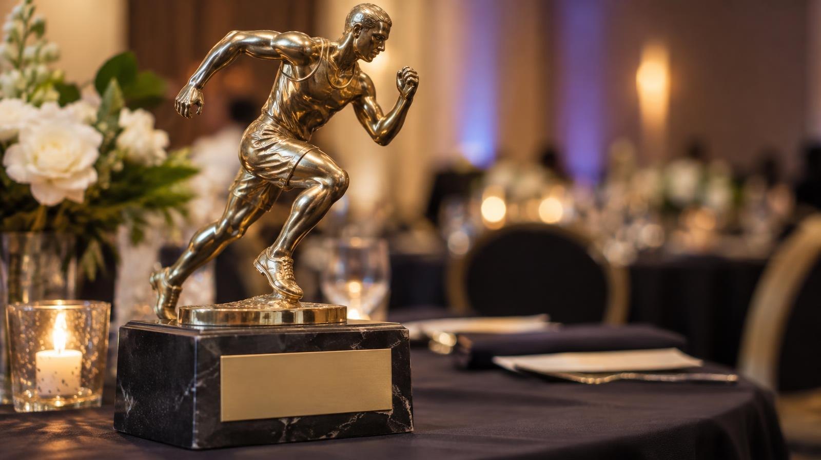Gold athletic trophy on a dark marble base resting on a banquet table.