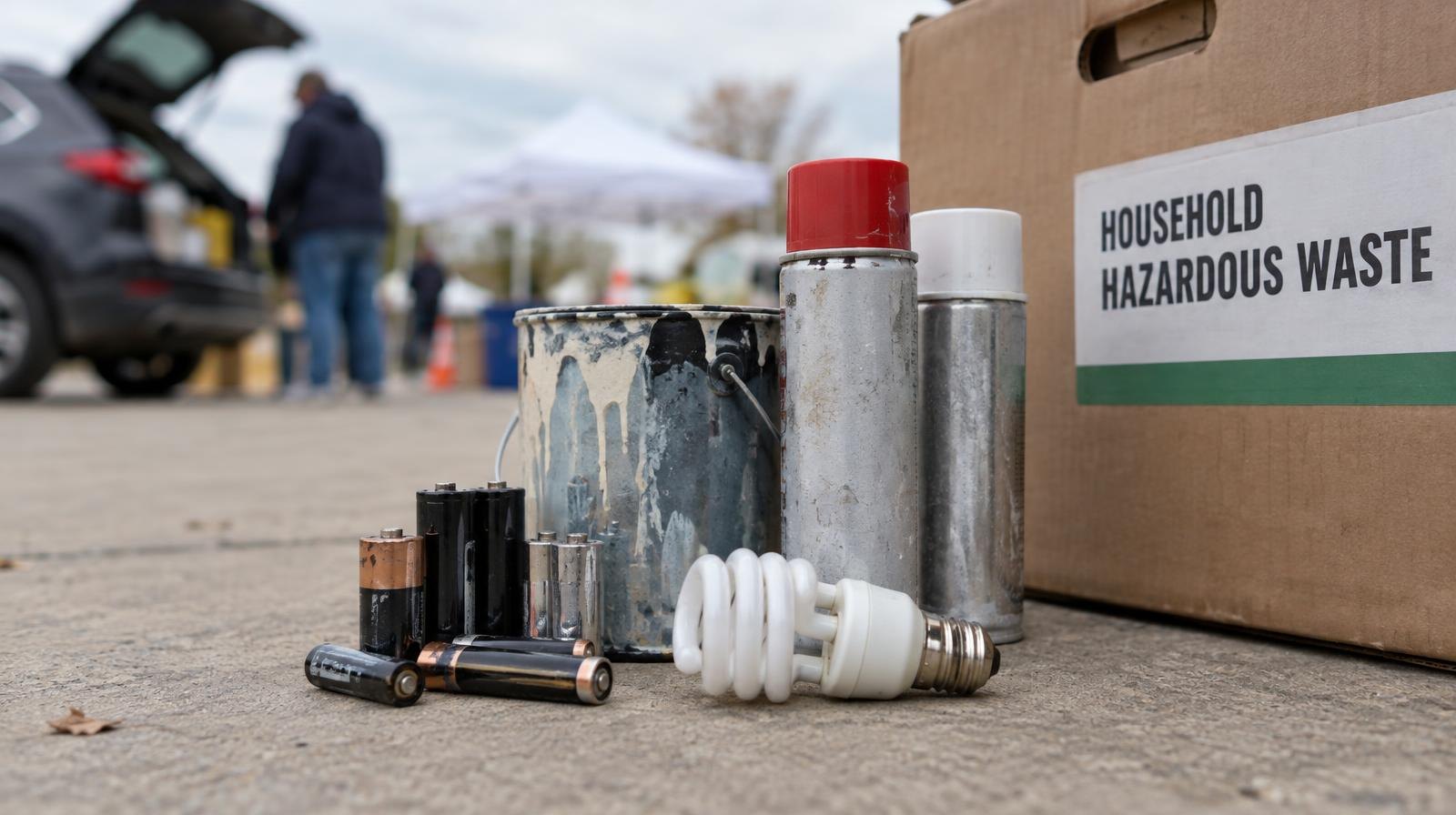 Batteries, aerosol cans, a paint can, and a fluorescent bulb on concrete near a cardboard box.