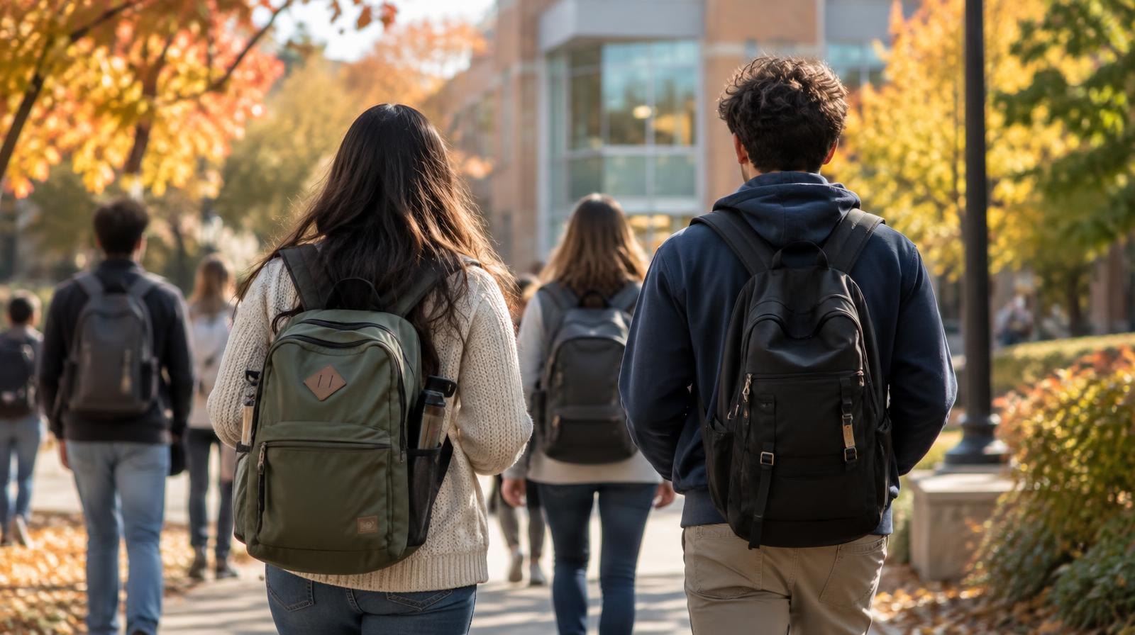 Students with backpacks walking along a tree-lined campus path in autumn.