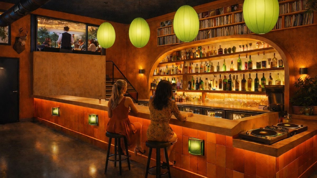 Two patrons seated at a dimly lit cocktail bar with a turntable and vinyl records on shelves.