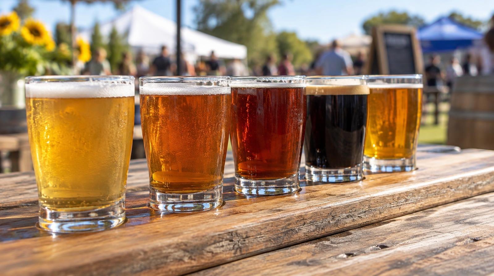 Several small craft beer tasting glasses filled with various beers on a wooden table outdoors.