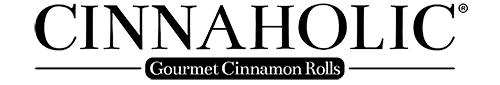 Horizontal black-and-white Cinnaholic wordmark with 'Gourmet Cinnamon Rolls' banner below.
