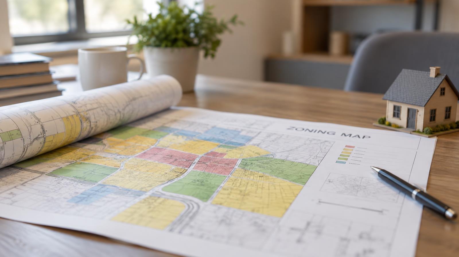 A rolled zoning map unrolled on a table next to a pen and a small model house.