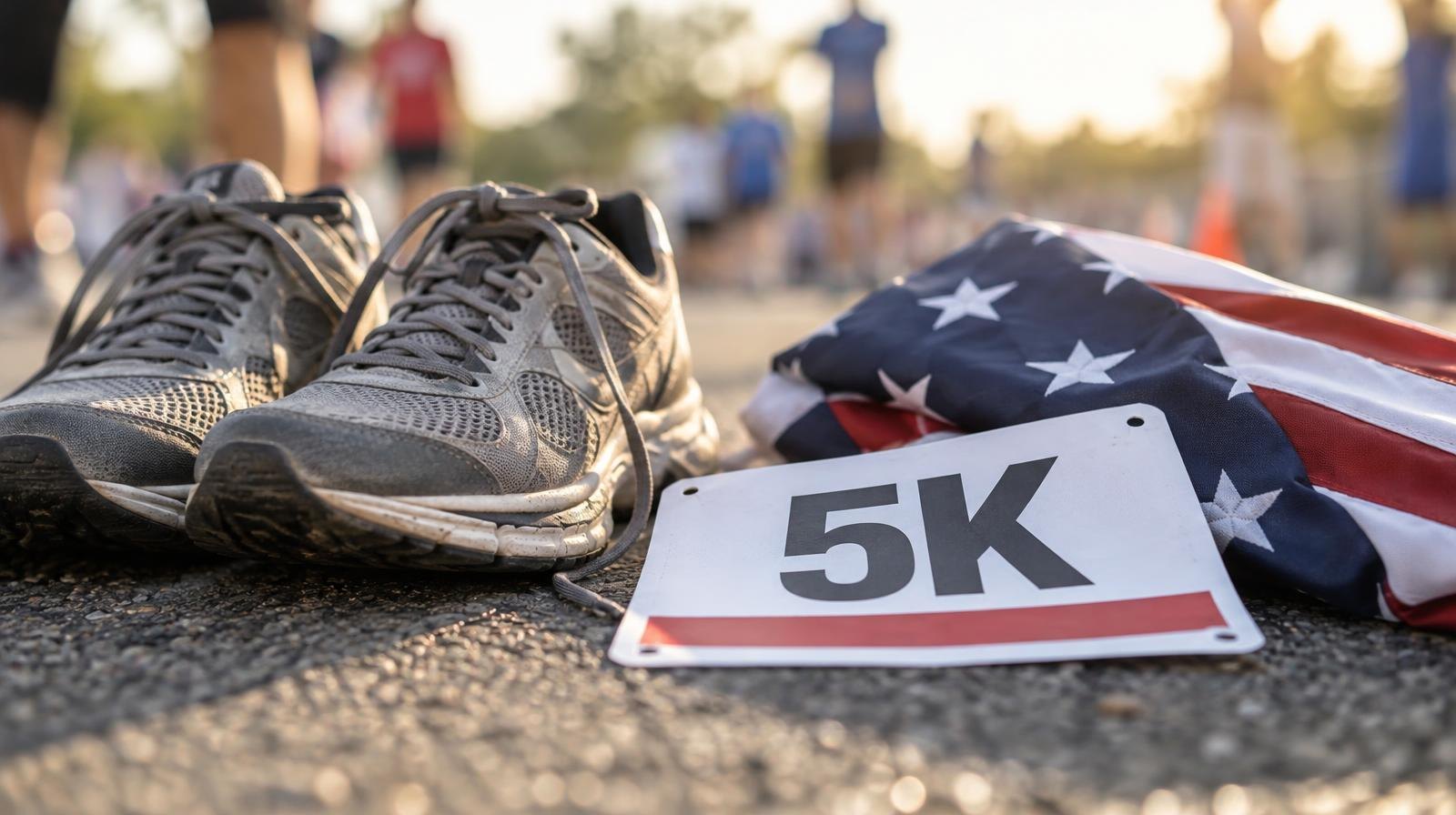 Running shoes and a race bib on pavement beside a folded American flag.