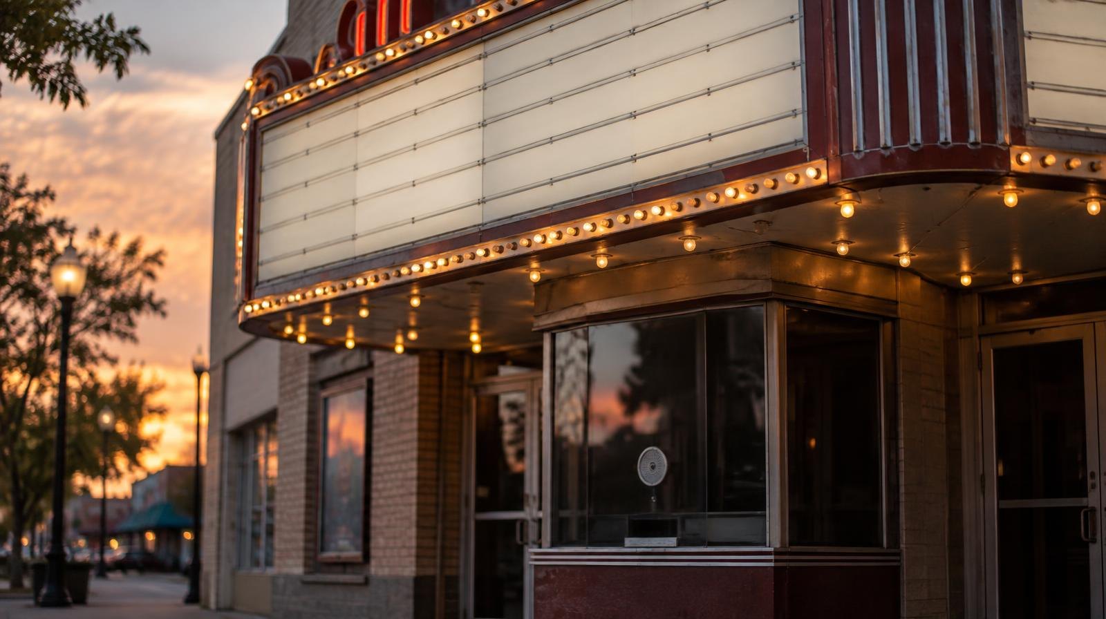 Darkened movie theater marquee with blank letter panels at dusk.