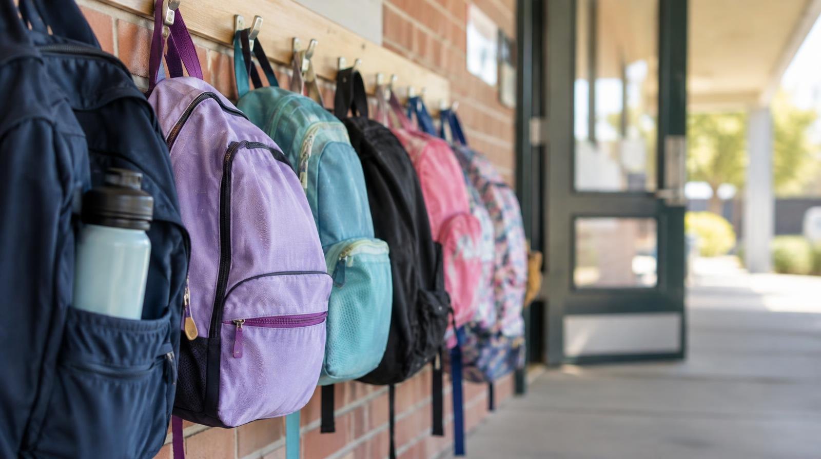 A row of colorful backpacks hanging on hooks outside a classroom door.
