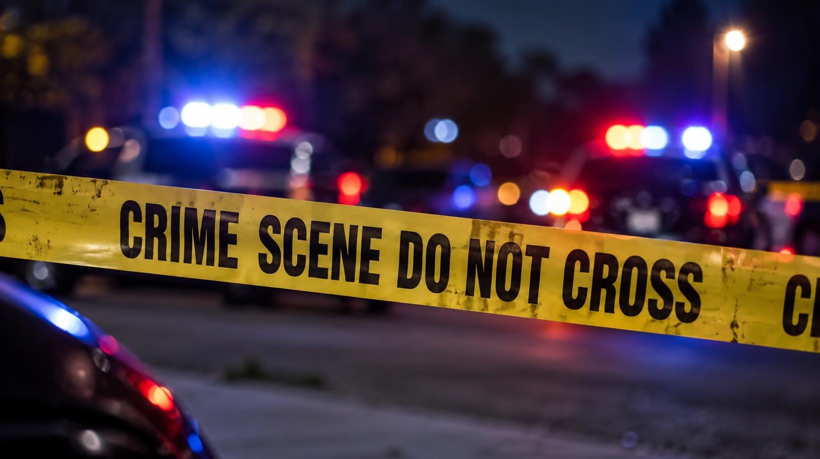 Yellow crime scene tape in darkness with blurred red and blue emergency lights behind it.