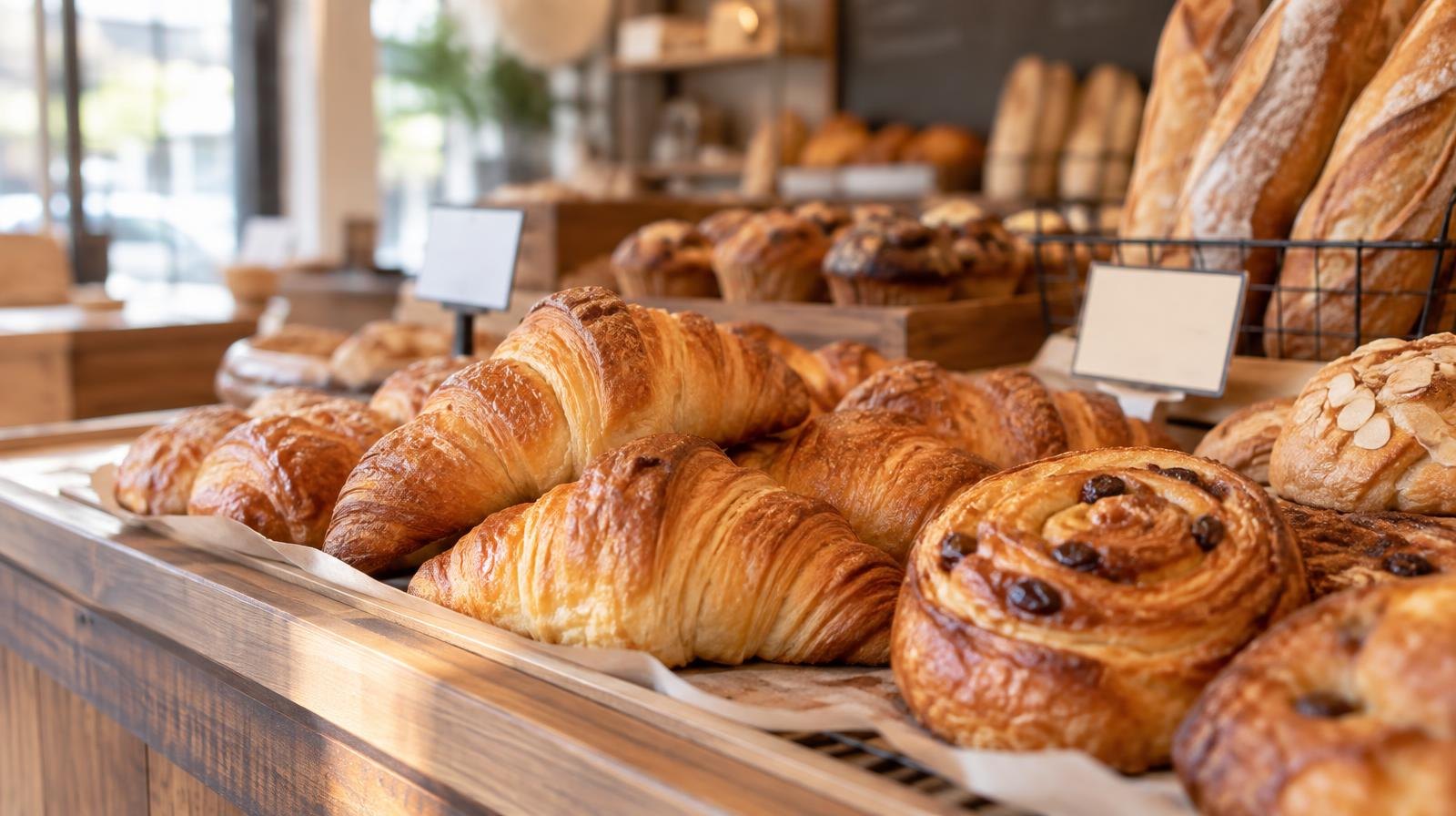 Wooden counter displaying golden croissants, baguettes, and pastries on parchment paper.