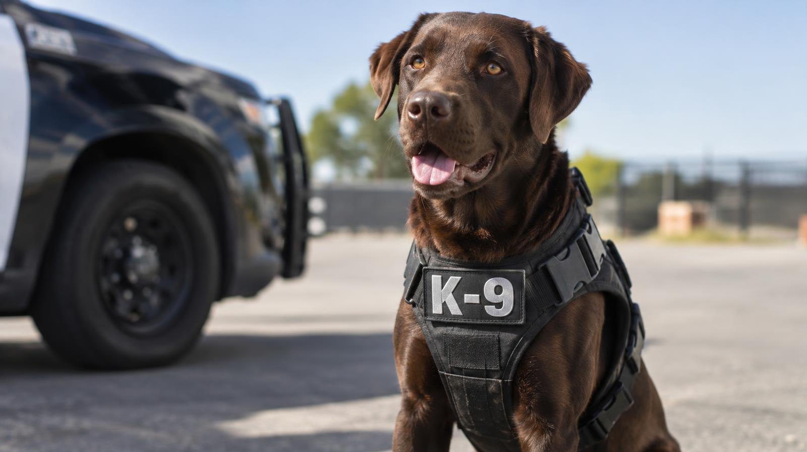 A chocolate Labrador retriever wearing a police vest sits on a paved surface.
