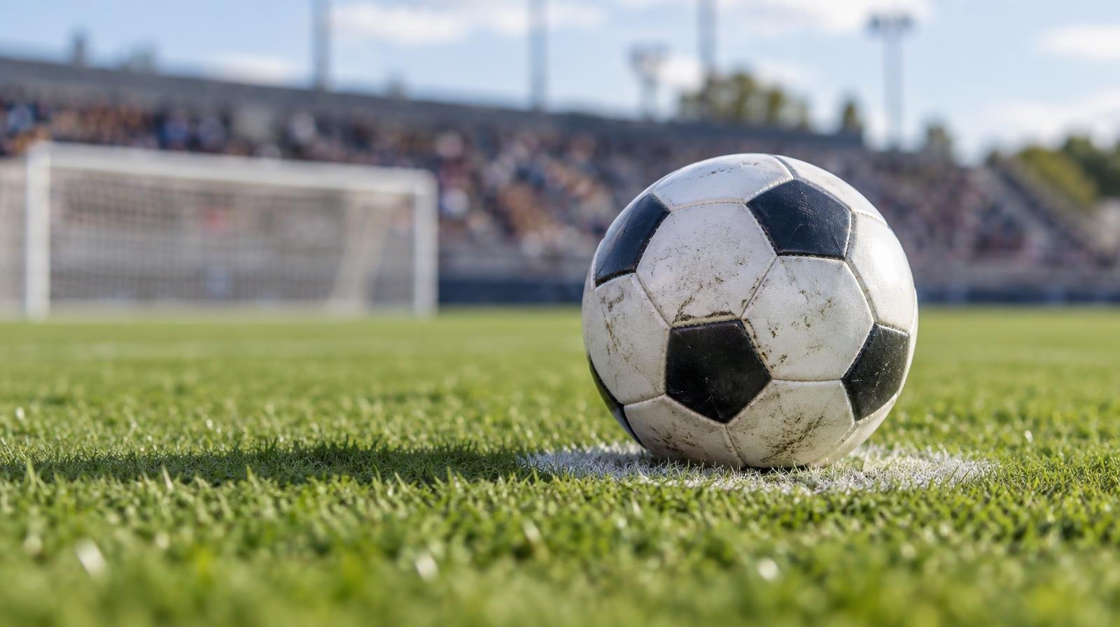 A black-and-white soccer ball on a painted penalty spot on a green grass field.