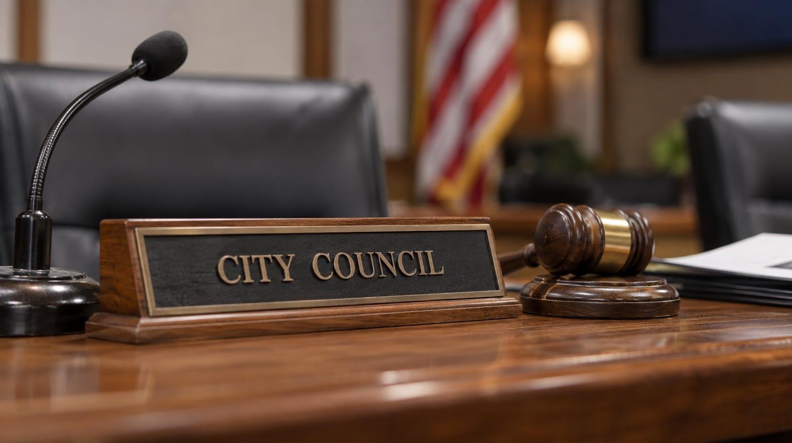 Wooden gavel and nameplate on a polished council dais with a microphone stand.