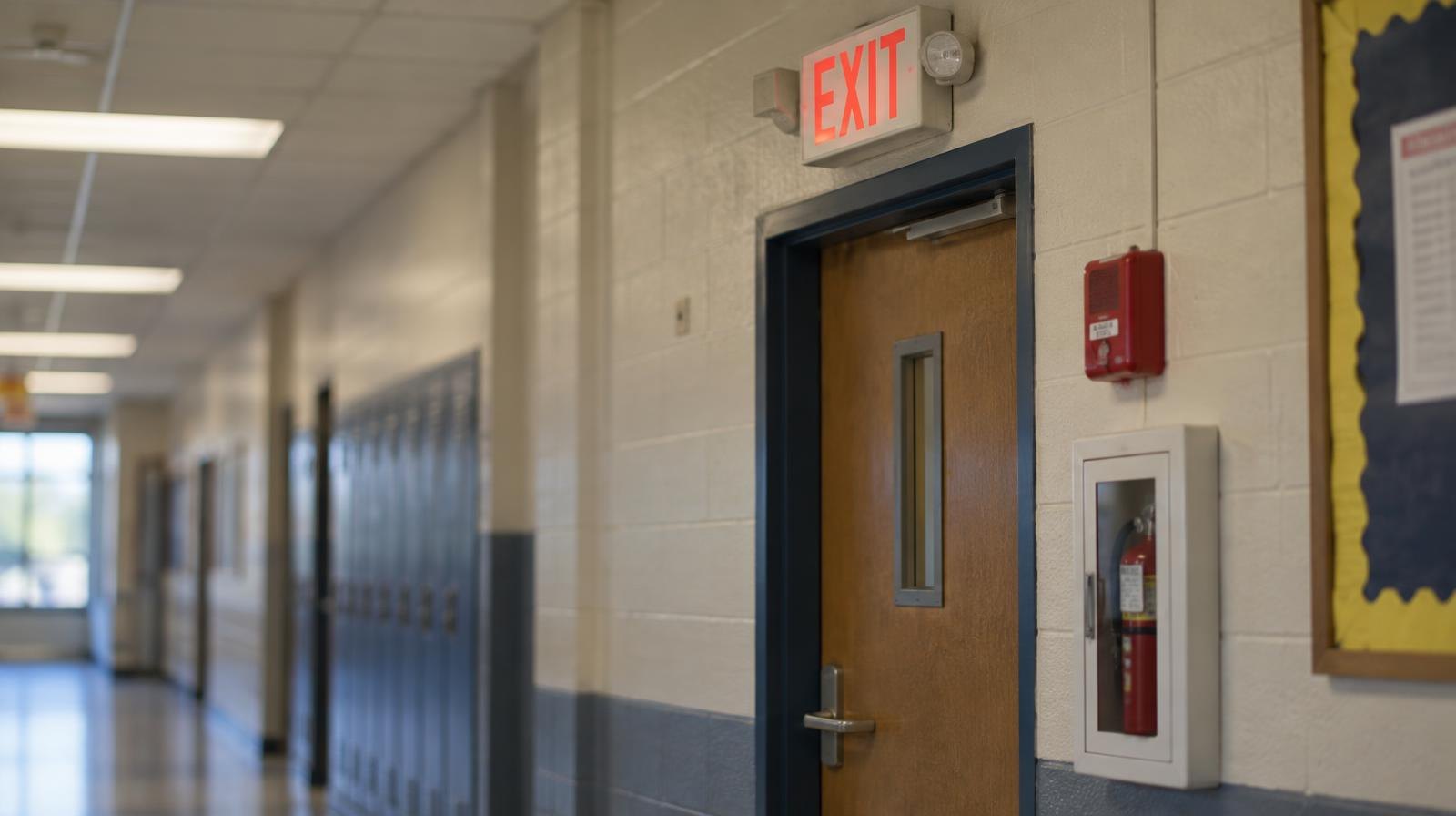 Illuminated exit sign above a closed door in an institutional hallway.