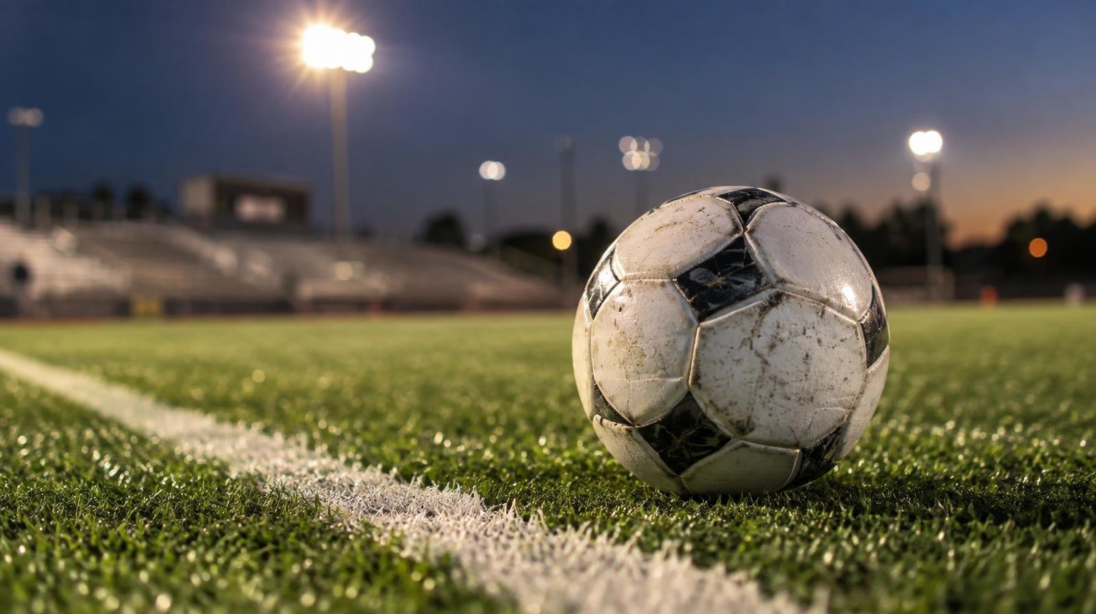 A white soccer ball on bright green artificial turf beside a white sideline under stadium lights.