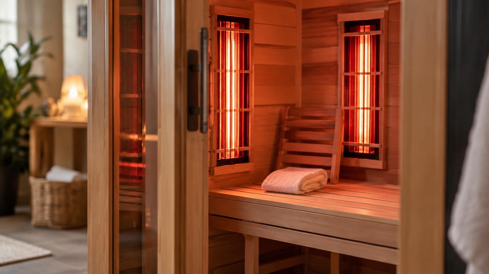 Wooden infrared sauna interior with glowing red heating panels and a cedar bench.