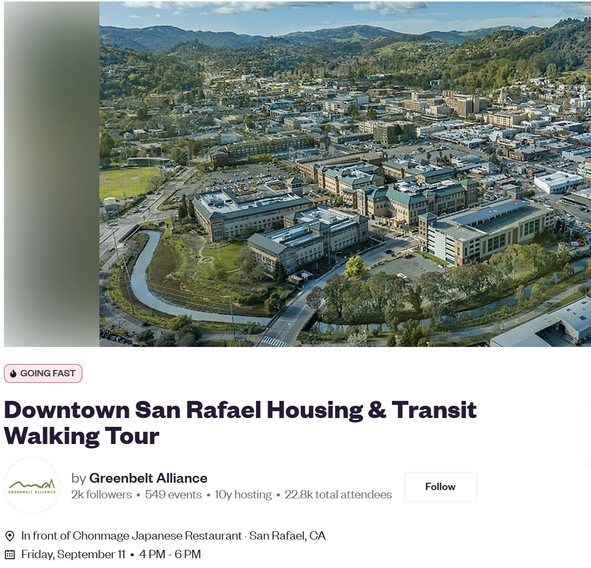 Event flyer showing aerial view of downtown San Rafael with walking tour details.