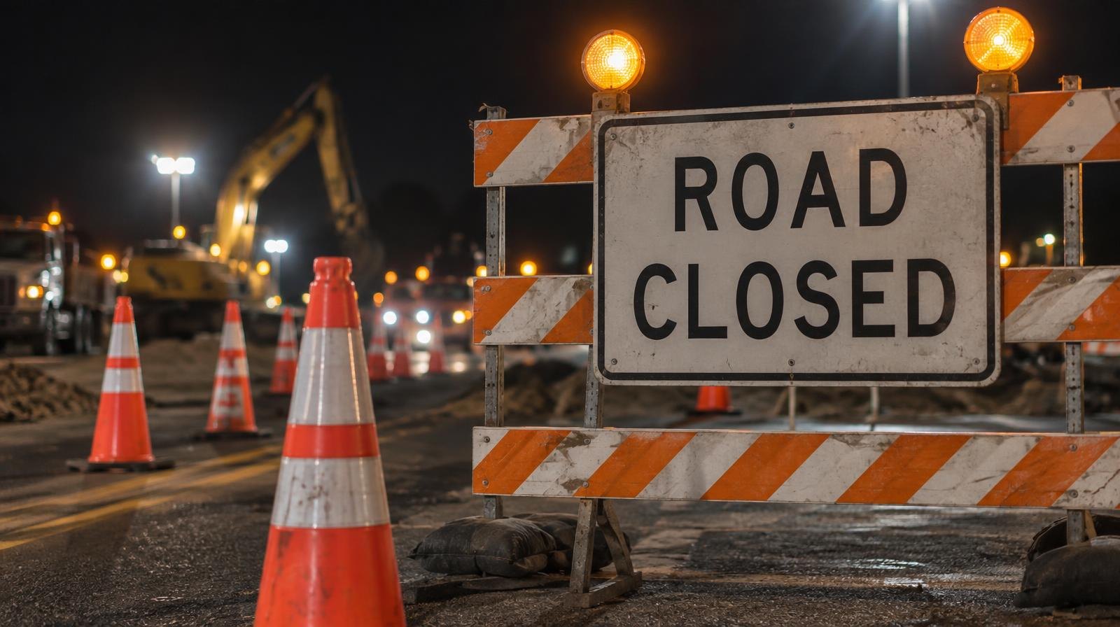 Orange traffic cones and a road closed barricade sign on a dark highway at night.
