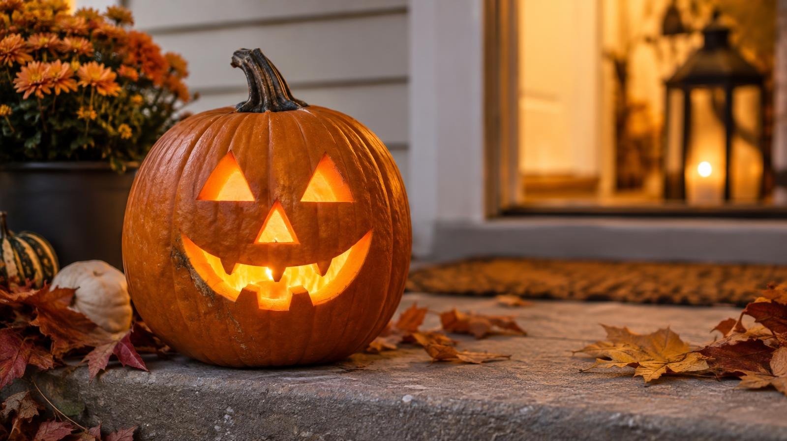 Glowing carved pumpkin on a porch step surrounded by fallen autumn leaves.