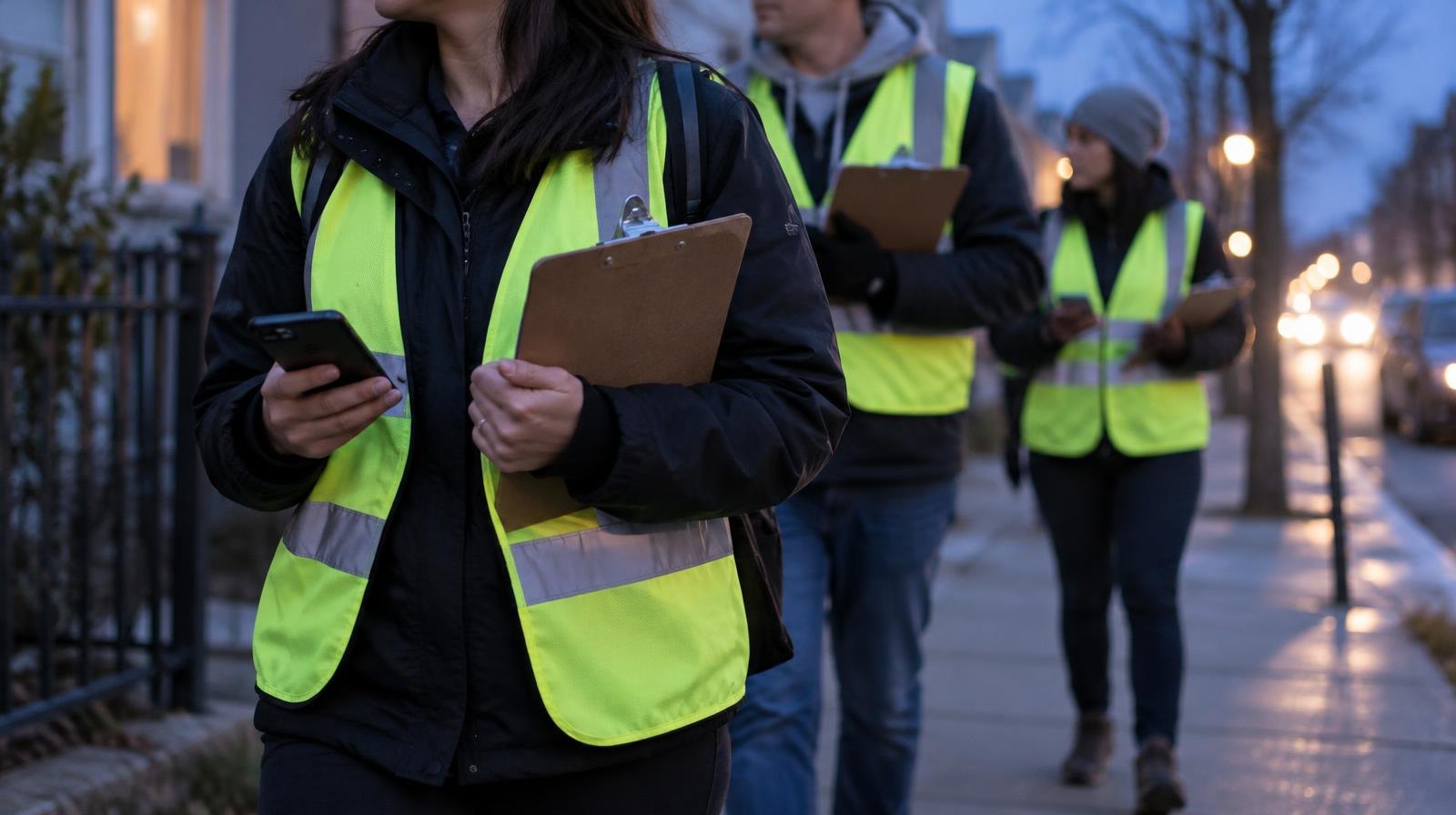 Volunteers in reflective vests walk a sidewalk at dawn holding clipboards and smartphones.
