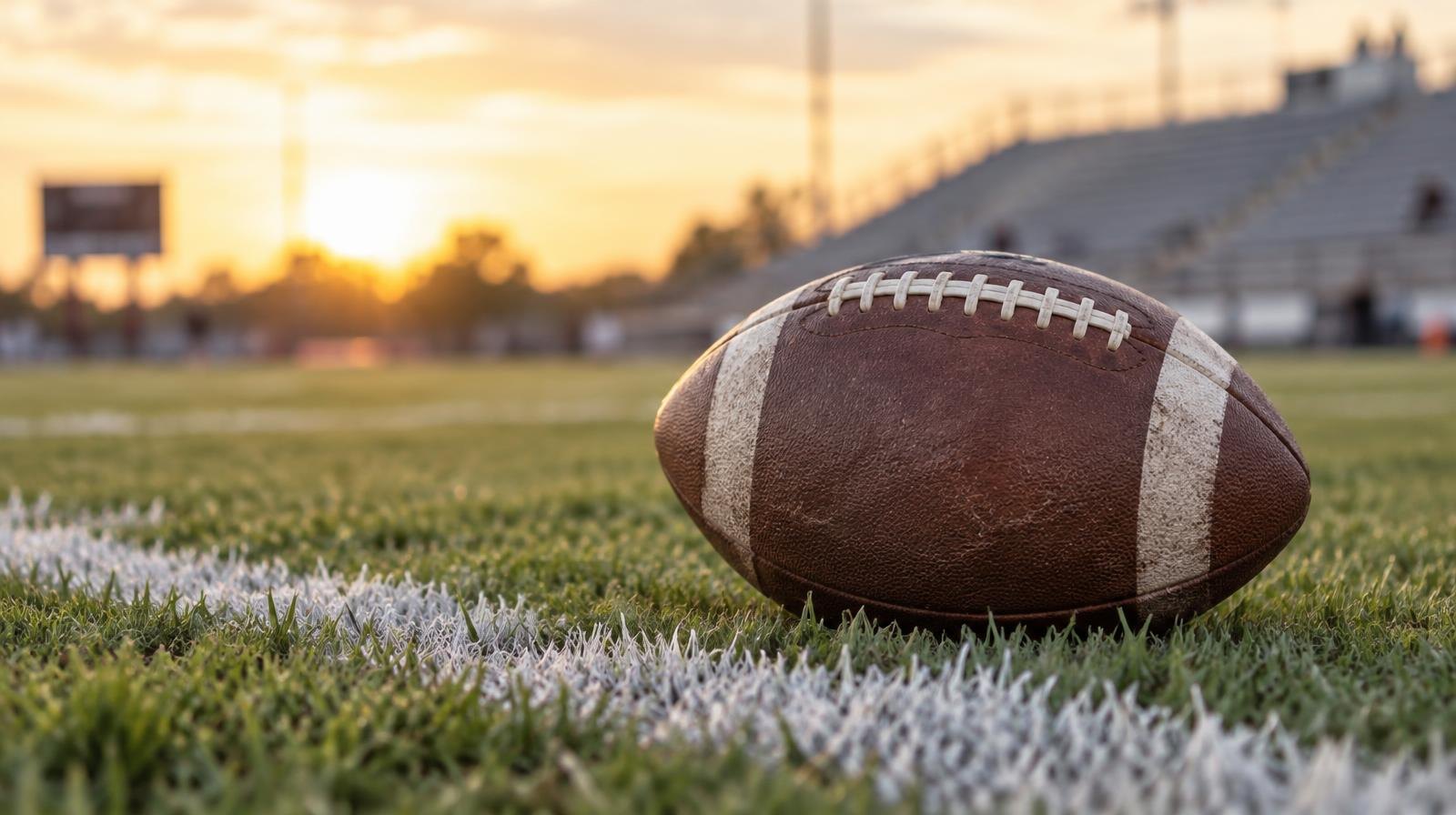 An American football resting on green grass next to a white yard line.