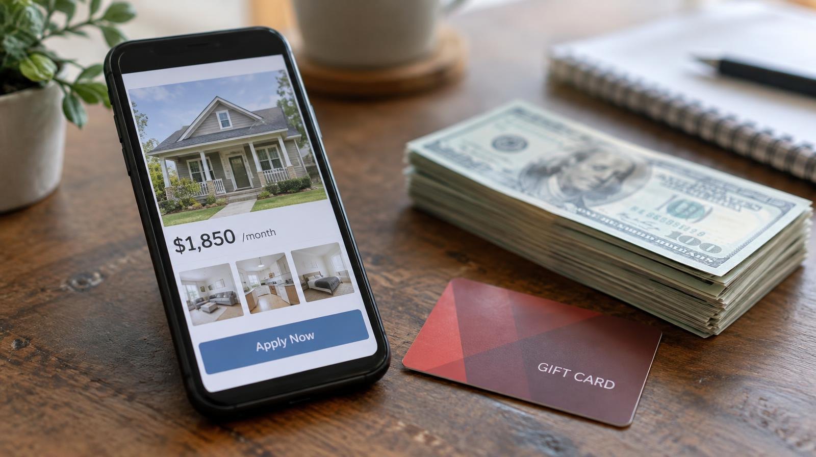 Smartphone with a rental listing app next to cash and a gift card on a desk.