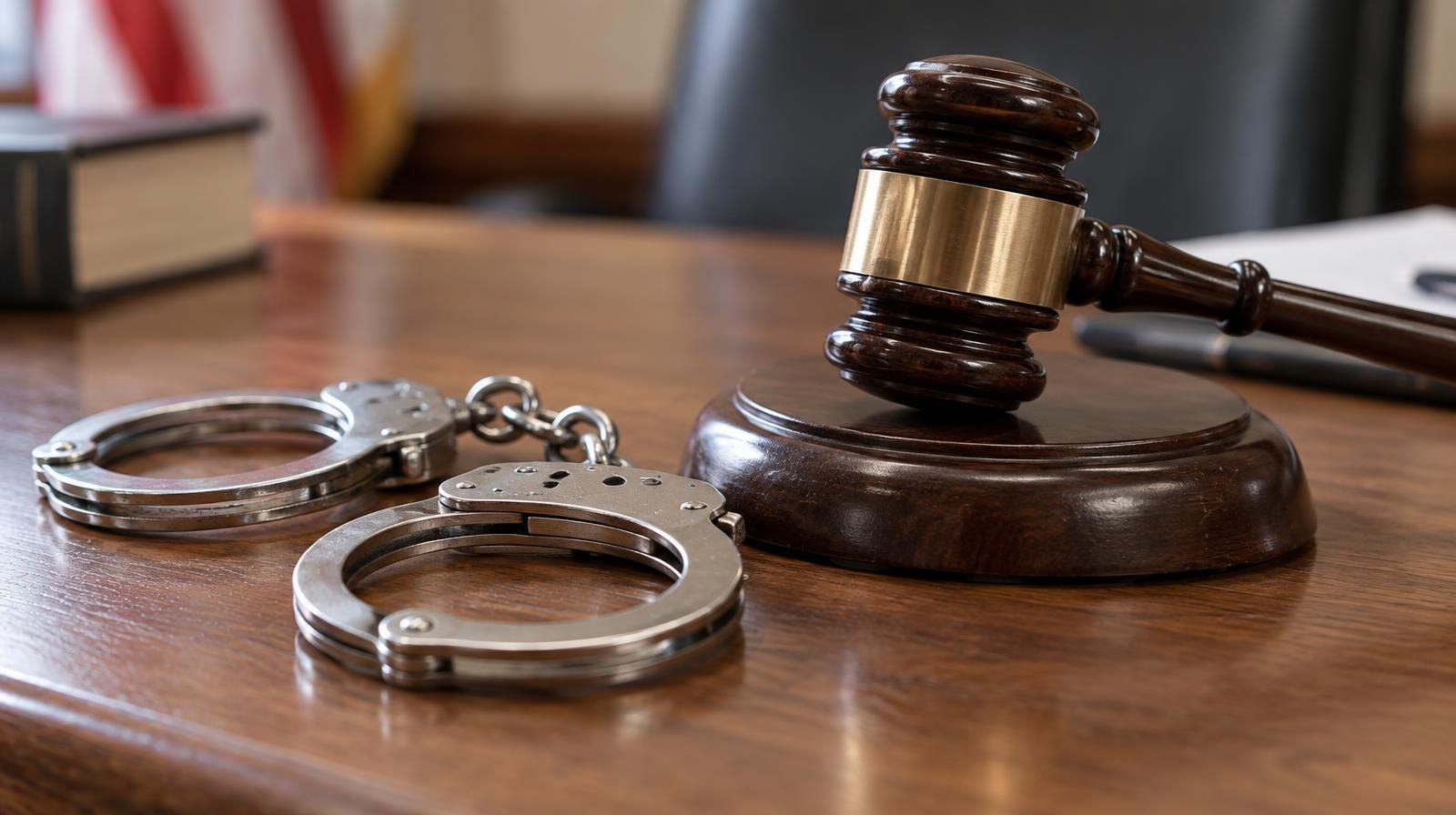 Handcuffs and a judge's gavel resting on a wooden surface.