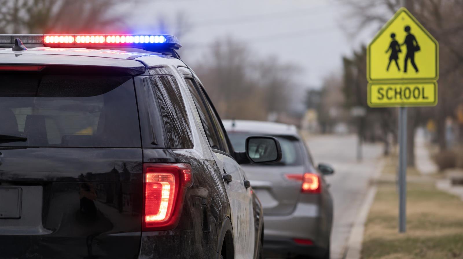 A law enforcement vehicle with flashing lights stopped on the side of a road near a school zone sign.