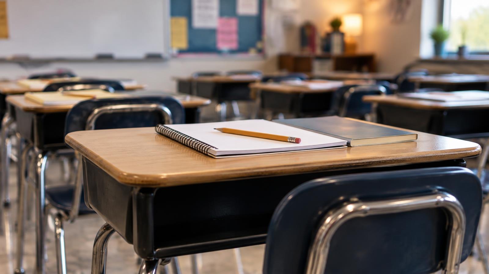 Rows of empty student desks with notebooks and pencils in a classroom.