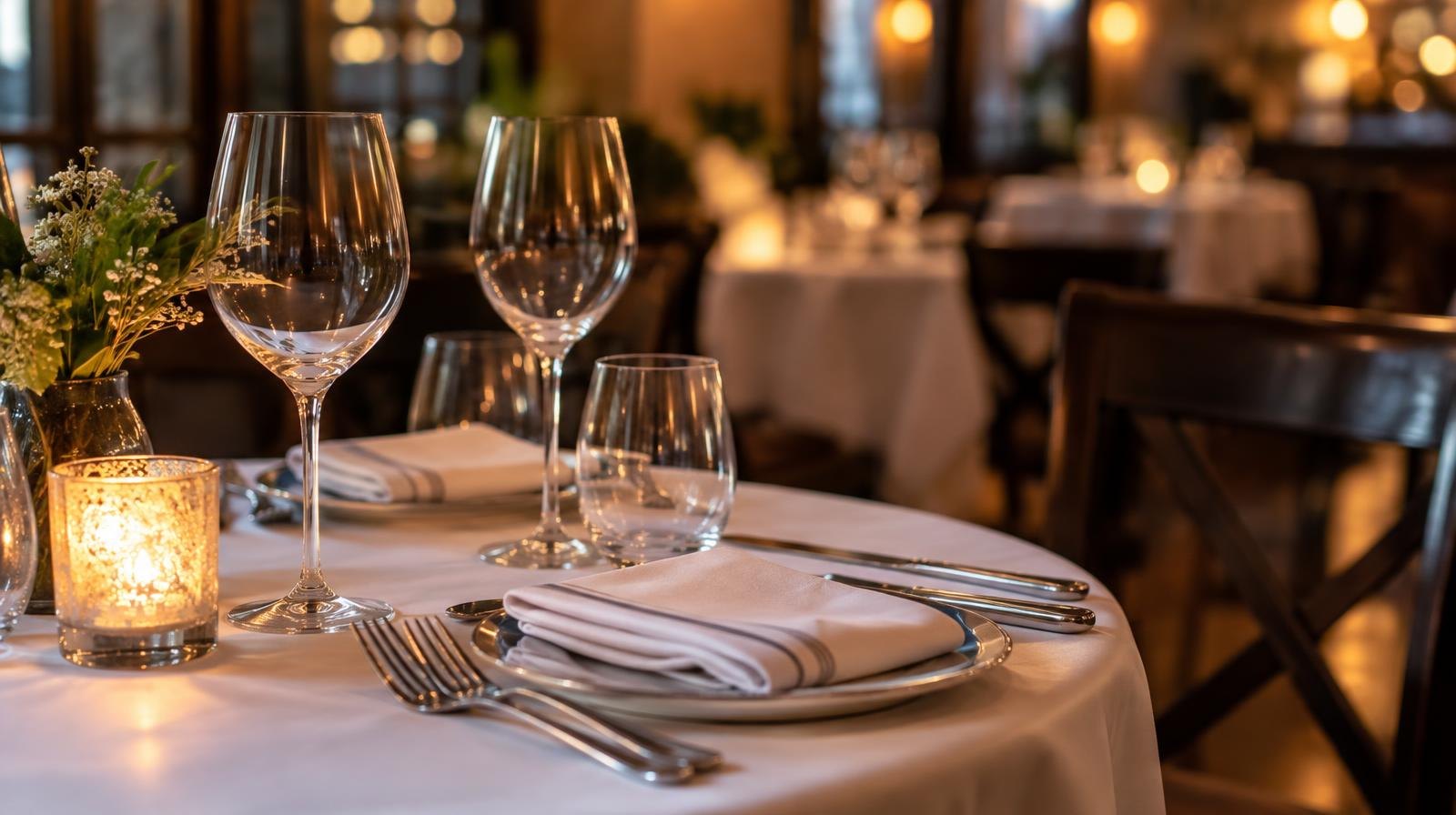 Wine glasses, napkins, and silverware arranged on a white tablecloth at a restaurant table.