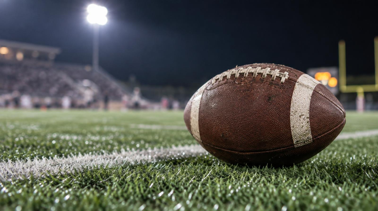 An American football sitting on green artificial turf beside a white yard line.