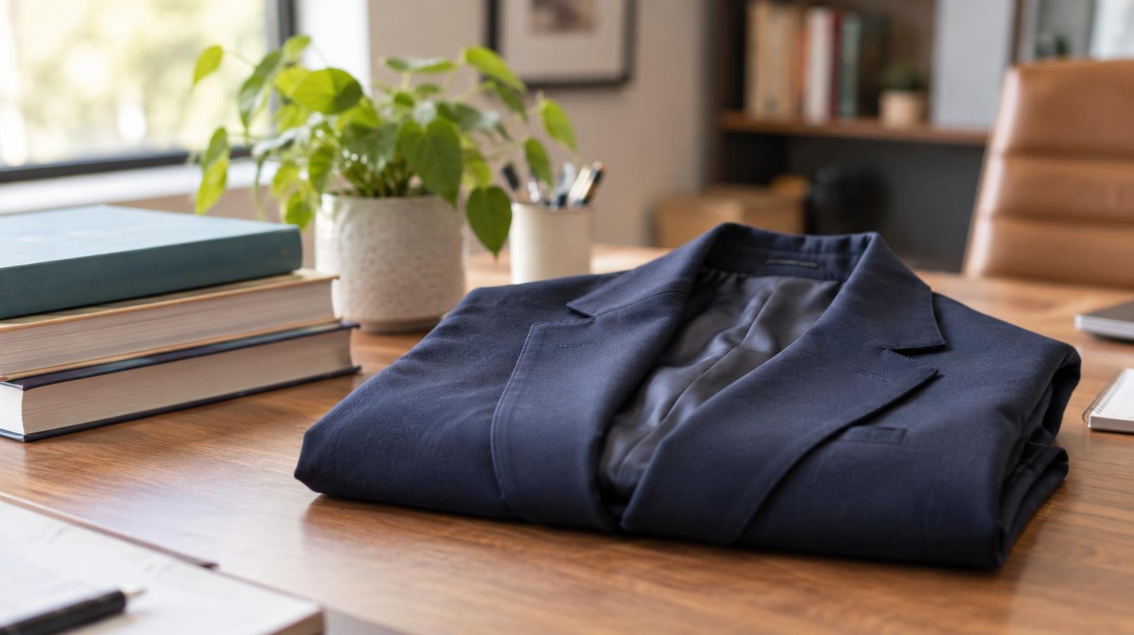 A folded navy blazer on a wooden desk next to stacked textbooks and a plant.
