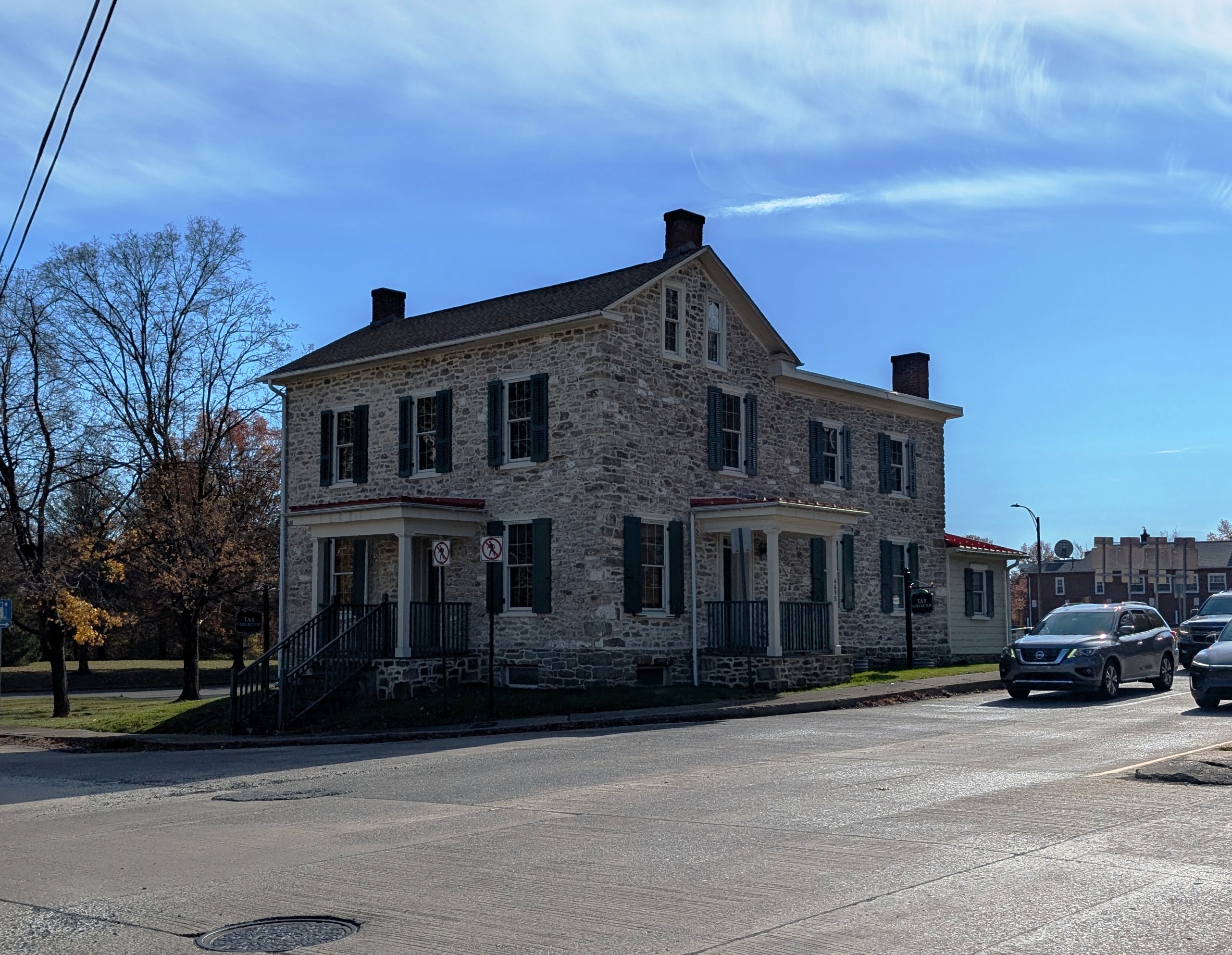 Two-story stone building on a corner in Buckingham Township, Pennsylvania.