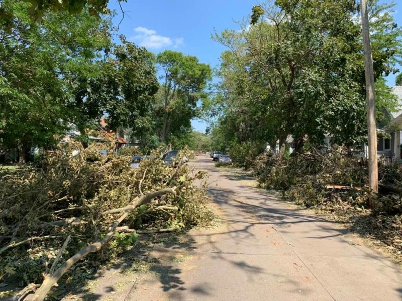Residential street lined on both sides with large piles of fallen tree branches.